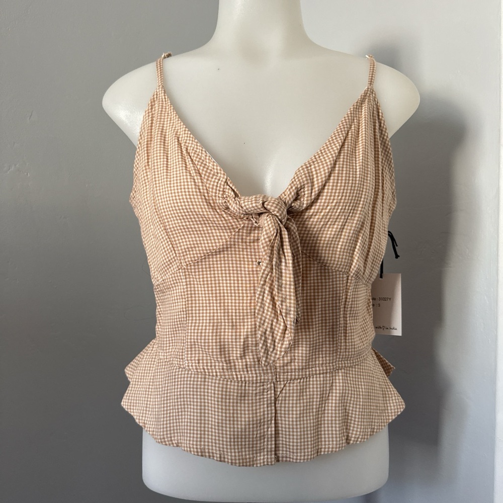 Stylish Tan Gingham Camisole with Tie-Front